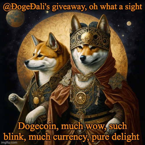 doge dali giveaway what a delight | @ƉogeƉali's giveaway, oh what a sight; Dogecoin, much wow, such blink, much currency, pure delight | image tagged in doge,dogecoin | made w/ Imgflip meme maker