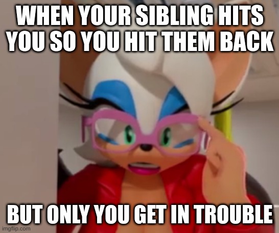 family drama | WHEN YOUR SIBLING HITS YOU SO YOU HIT THEM BACK; BUT ONLY YOU GET IN TROUBLE | image tagged in sonic,rouge the bat | made w/ Imgflip meme maker