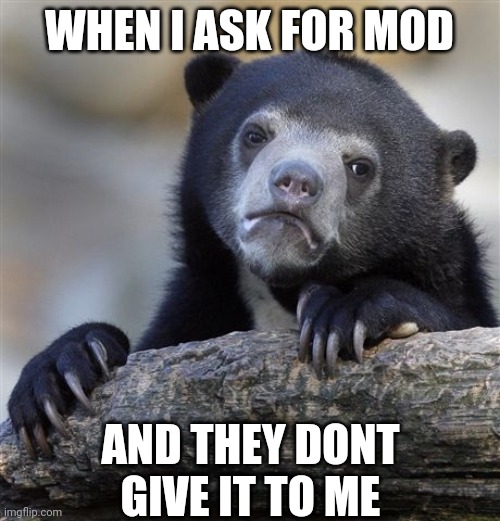 Confession Bear Meme | WHEN I ASK FOR MOD; AND THEY DONT GIVE IT TO ME | image tagged in memes,confession bear | made w/ Imgflip meme maker