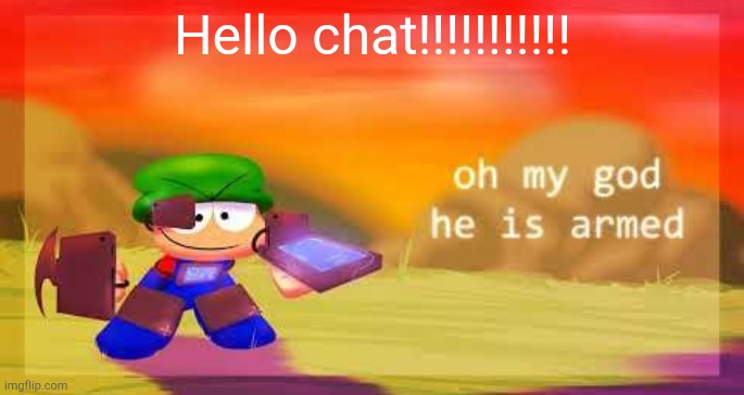 Oh my god he is armed | Hello chat!!!!!!!!!!! | image tagged in oh my god he is armed | made w/ Imgflip meme maker