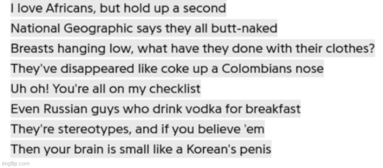 African, Russian, Colombian and Korean stereotypes | made w/ Imgflip meme maker