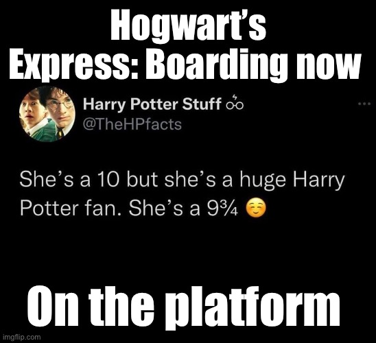 Hogwart’s Express platform 9 3/4 | Hogwart’s Express: Boarding now; On the platform | image tagged in harry potter,hogwarts,train | made w/ Imgflip meme maker