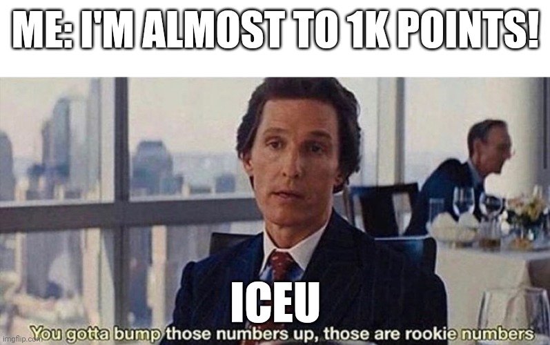 Image Title | ME: I'M ALMOST TO 1K POINTS! ICEU | image tagged in you gotta bump those numbers up those are rookie numbers | made w/ Imgflip meme maker