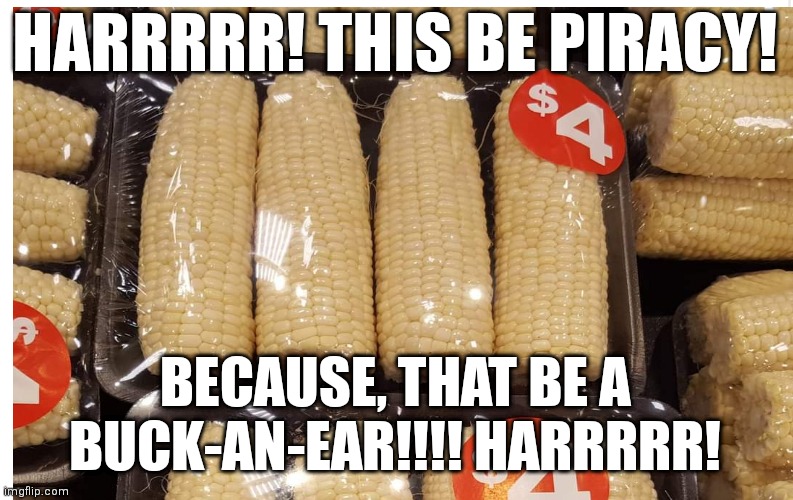 Corn Piracy | HARRRRR! THIS BE PIRACY! BECAUSE, THAT BE A BUCK-AN-EAR!!!! HARRRRR! | image tagged in memes,funny,dad joke,corny joke,corny,bad pun | made w/ Imgflip meme maker