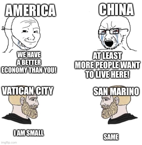 Literally countries | AMERICA; CHINA; WE HAVE A BETTER ECONOMY THAN YOU! AT LEAST MORE PEOPLE WANT TO LIVE HERE! SAN MARINO; VATICAN CITY; I AM SMALL; SAME | image tagged in chad we know | made w/ Imgflip meme maker