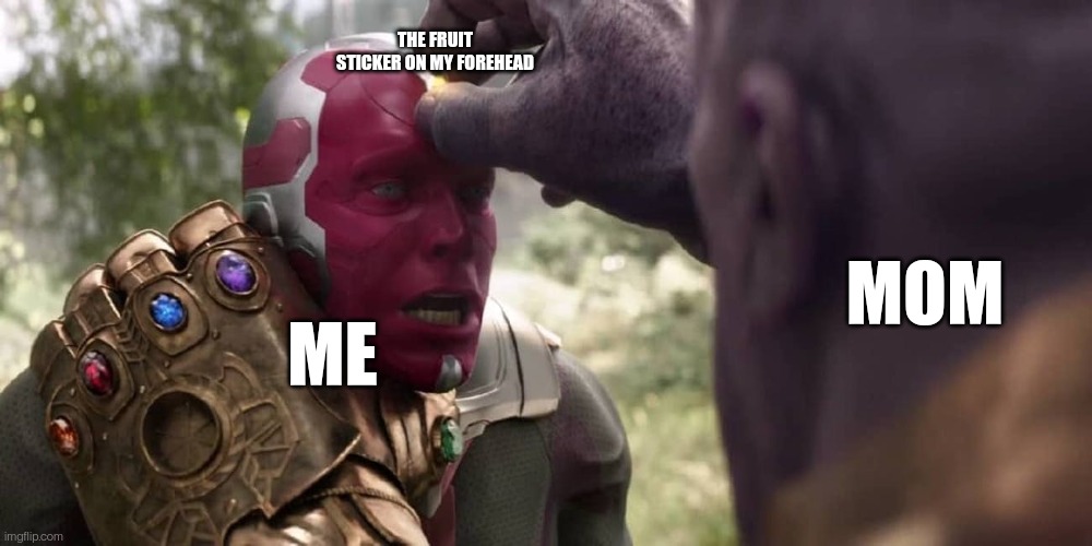Thanos x Vision | THE FRUIT STICKER ON MY FOREHEAD; MOM; ME | image tagged in thanos x vision | made w/ Imgflip meme maker