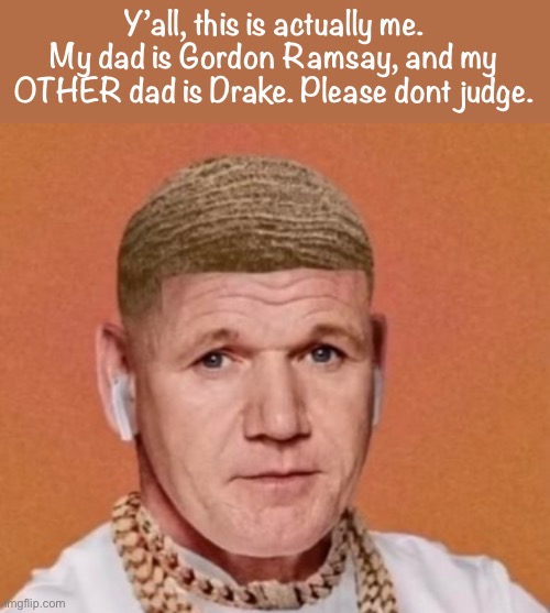 I know i said dont judge, but rate me please | Y’all, this is actually me. My dad is Gordon Ramsay, and my OTHER dad is Drake. Please dont judge. | image tagged in rate me | made w/ Imgflip meme maker