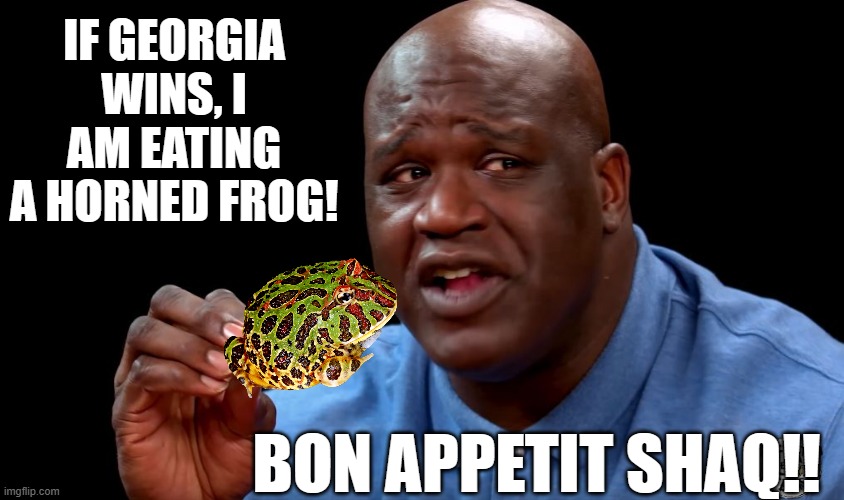 Bon Appetit Shaq!! Tell me how delicious a horned frog is! | IF GEORGIA WINS, I AM EATING A HORNED FROG! BON APPETIT SHAQ!! | image tagged in frog,eating healthy,snack,shaq | made w/ Imgflip meme maker