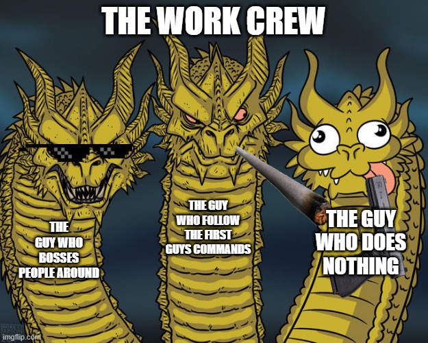 Three-headed Dragon | THE WORK CREW; THE GUY WHO FOLLOW THE FIRST GUYS COMMANDS; THE GUY WHO DOES NOTHING; THE GUY WHO BOSSES PEOPLE AROUND | image tagged in three-headed dragon | made w/ Imgflip meme maker