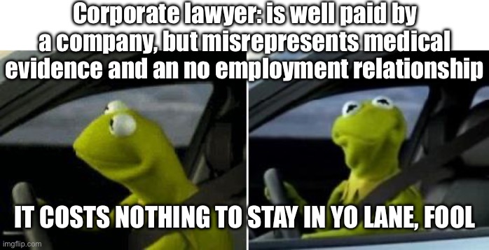 Incompetent lawyers making things worse | Corporate lawyer: is well paid by a company, but misrepresents medical evidence and an no employment relationship; IT COSTS NOTHING TO STAY IN YO LANE, FOOL | image tagged in kermit driver,mr t pity the fool,fool,costly | made w/ Imgflip meme maker