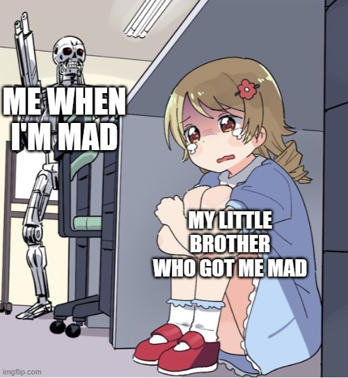 Me: Time to get out the throwing knives! | ME WHEN I'M MAD; MY LITTLE BROTHER WHO GOT ME MAD | image tagged in anime girl hiding from terminator | made w/ Imgflip meme maker