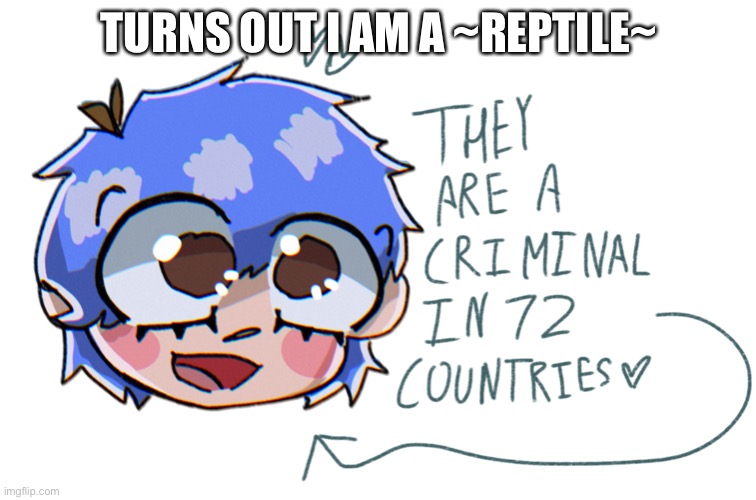 they are a criminal in 72 countries | TURNS OUT I AM A ~REPTILE~ | image tagged in they are a criminal in 72 countries | made w/ Imgflip meme maker
