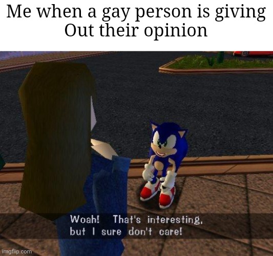 I don't really care ? | Me when a gay person is giving
Out their opinion | image tagged in woah that's interesting but i sure dont care | made w/ Imgflip meme maker