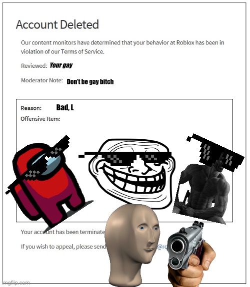 I got banned for being epic :( | Your gay; Don’t be gay bitch; Bad, L | image tagged in banned from roblox | made w/ Imgflip meme maker