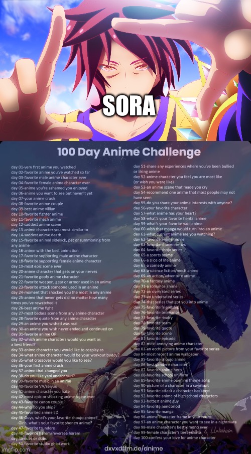 Day 32: I could copy his homework | SORA | image tagged in 100 day anime challenge | made w/ Imgflip meme maker