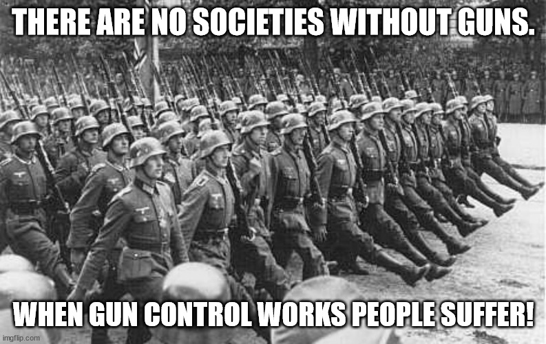 When Gun Control Works | THERE ARE NO SOCIETIES WITHOUT GUNS. WHEN GUN CONTROL WORKS PEOPLE SUFFER! | image tagged in gun control,totalitarianism | made w/ Imgflip meme maker