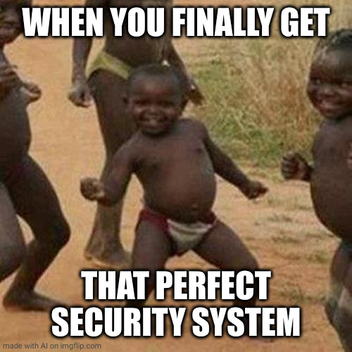 Third World Success Kid Meme | WHEN YOU FINALLY GET; THAT PERFECT SECURITY SYSTEM | image tagged in memes,third world success kid | made w/ Imgflip meme maker