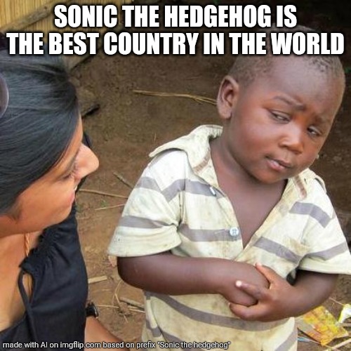 Third World Skeptical Kid | SONIC THE HEDGEHOG IS THE BEST COUNTRY IN THE WORLD | image tagged in memes,third world skeptical kid | made w/ Imgflip meme maker