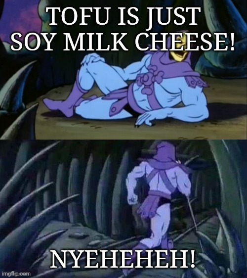 Soy cheese. | TOFU IS JUST SOY MILK CHEESE! NYEHEHEH! | image tagged in skeletor disturbing facts,tofu | made w/ Imgflip meme maker