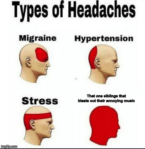 Types of Headaches meme | That one siblings that blasts out their annoying music | image tagged in types of headaches meme | made w/ Imgflip meme maker