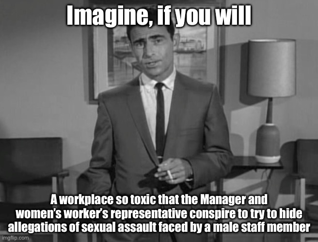 Did that really happen? | Imagine, if you will; A workplace so toxic that the Manager and women’s worker’s representative conspire to try to hide allegations of sexual assault faced by a male staff member | image tagged in rod serling imagine if you will,sexual assault,hide,toxic | made w/ Imgflip meme maker