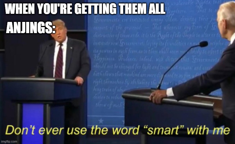 It's perfect | WHEN YOU'RE GETTING THEM ALL; ANJINGS: | image tagged in don't ever use the word smart with me,memes | made w/ Imgflip meme maker