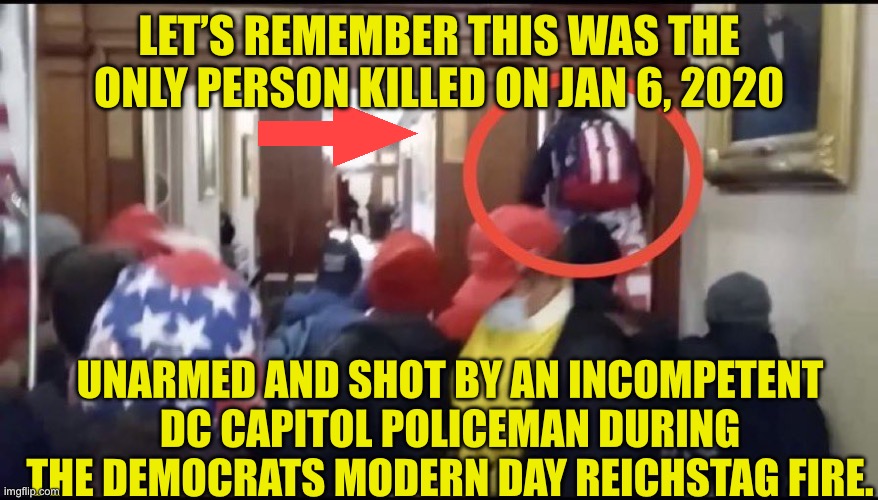 Jan 6th needs to be investigated | LET’S REMEMBER THIS WAS THE ONLY PERSON KILLED ON JAN 6, 2020; UNARMED AND SHOT BY AN INCOMPETENT DC CAPITOL POLICEMAN DURING THE DEMOCRATS MODERN DAY REICHSTAG FIRE. | image tagged in ashli babbitt,kangaroo court,liars,modern day reichstag fire,election integrity riots | made w/ Imgflip meme maker