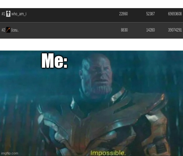 Thanos Impossible | Me: | image tagged in thanos impossible | made w/ Imgflip meme maker