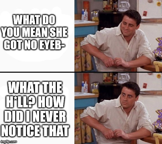 Comprehending Joey | WHAT DO YOU MEAN SHE GOT NO EYEB- WHAT THE H*LL? HOW DID I NEVER NOTICE THAT | image tagged in comprehending joey | made w/ Imgflip meme maker