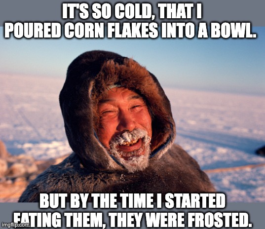 Cold | IT'S SO COLD, THAT I POURED CORN FLAKES INTO A BOWL. BUT BY THE TIME I STARTED EATING THEM, THEY WERE FROSTED. | image tagged in eskimo | made w/ Imgflip meme maker
