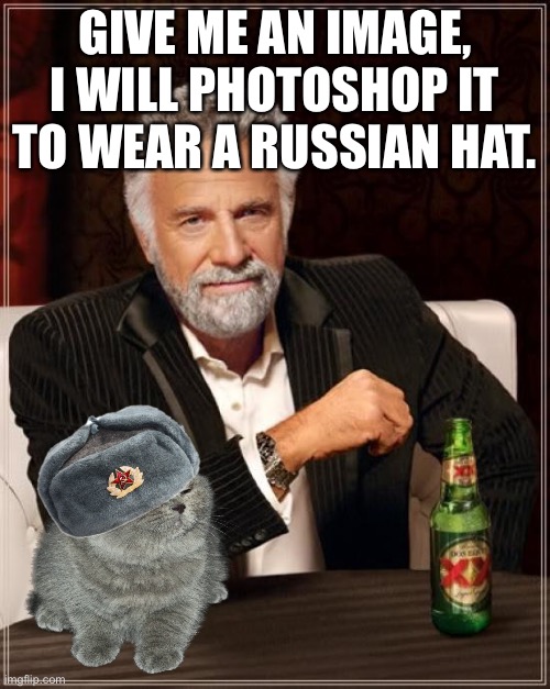 Trust me. I will try. | GIVE ME AN IMAGE, I WILL PHOTOSHOP IT TO WEAR A RUSSIAN HAT. | image tagged in memes,the most interesting man in the world | made w/ Imgflip meme maker
