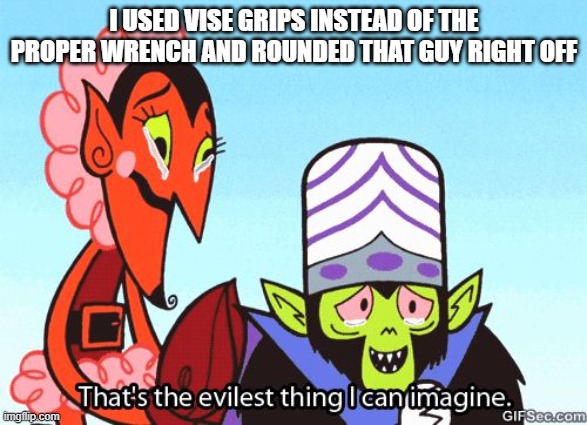That's the evilest thing I can imagine | I USED VISE GRIPS INSTEAD OF THE PROPER WRENCH AND ROUNDED THAT GUY RIGHT OFF | image tagged in that's the evilest thing i can imagine | made w/ Imgflip meme maker
