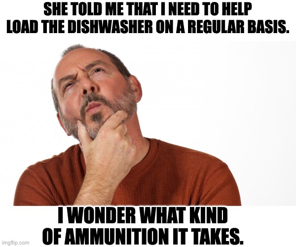 Hmm | SHE TOLD ME THAT I NEED TO HELP LOAD THE DISHWASHER ON A REGULAR BASIS. I WONDER WHAT KIND OF AMMUNITION IT TAKES. | image tagged in hmmm,dad joke | made w/ Imgflip meme maker