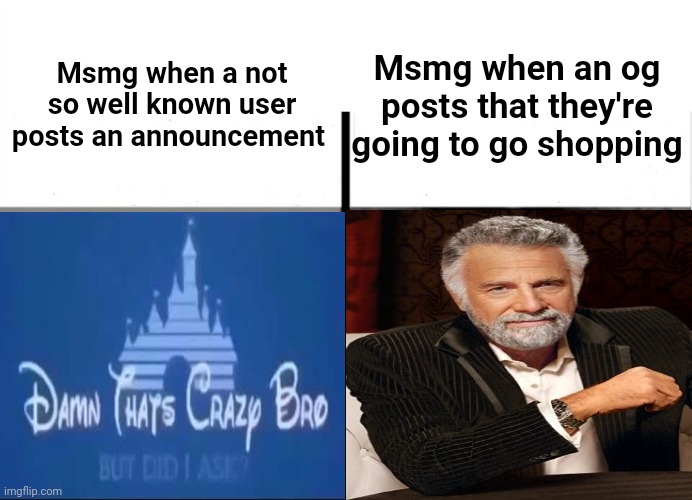 Low quality rubbish | Msmg when a not so well known user posts an announcement; Msmg when an og posts that they're going to go shopping | image tagged in teacher's copy | made w/ Imgflip meme maker