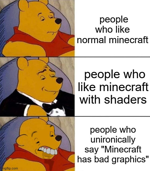 true | people who like normal minecraft; people who like minecraft with shaders; people who unironically say "Minecraft has bad graphics" | image tagged in best better blurst,minecraft,minecraft memes,funny,memes | made w/ Imgflip meme maker