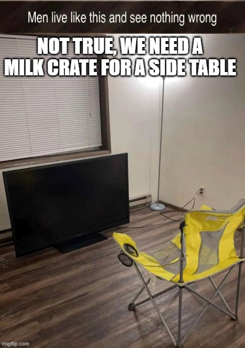 dHGFJ | NOT TRUE, WE NEED A MILK CRATE FOR A SIDE TABLE | image tagged in man cave | made w/ Imgflip meme maker