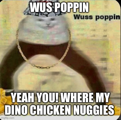 The kitty drip | WUS POPPIN; YEAH YOU! WHERE MY DINO CHICKEN NUGGIES | image tagged in the kitty drip | made w/ Imgflip meme maker