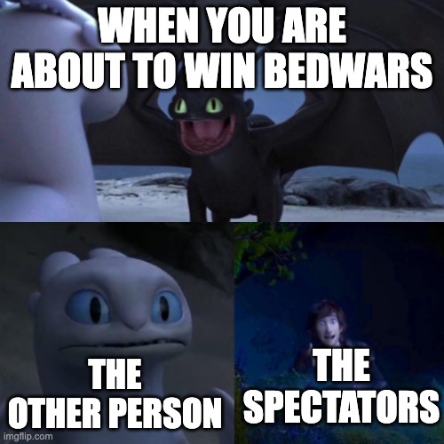 HTTYD Thumbs up | WHEN YOU ARE ABOUT TO WIN BEDWARS; THE OTHER PERSON; THE SPECTATORS | image tagged in httyd thumbs up | made w/ Imgflip meme maker