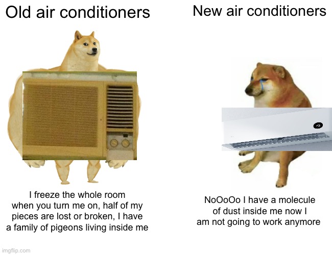 Buff Doge vs. Cheems | Old air conditioners; New air conditioners; I freeze the whole room when you turn me on, half of my pieces are lost or broken, I have a family of pigeons living inside me; NoOoOo I have a molecule of dust inside me now I am not going to work anymore | image tagged in memes,buff doge vs cheems,funny,air conditioner | made w/ Imgflip meme maker