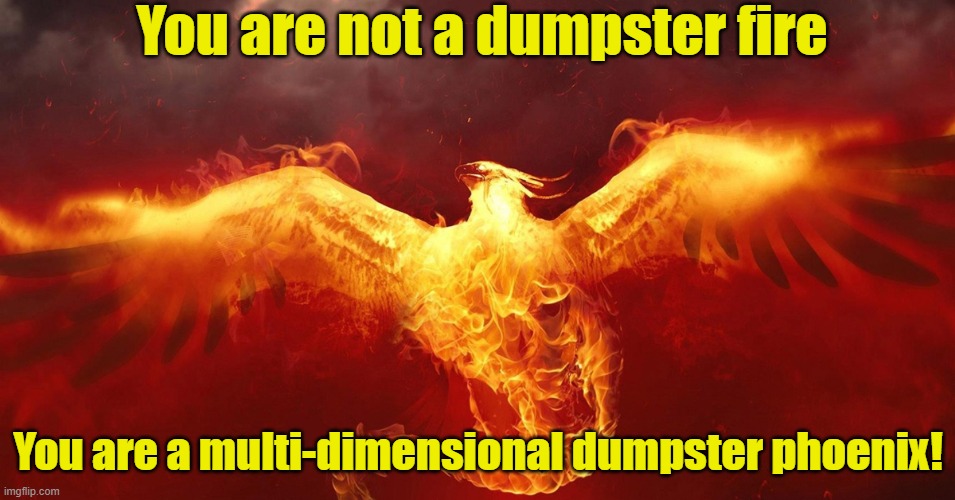 You are not a dumpster fire | You are not a dumpster fire; You are a multi-dimensional dumpster phoenix! | image tagged in phoenix | made w/ Imgflip meme maker