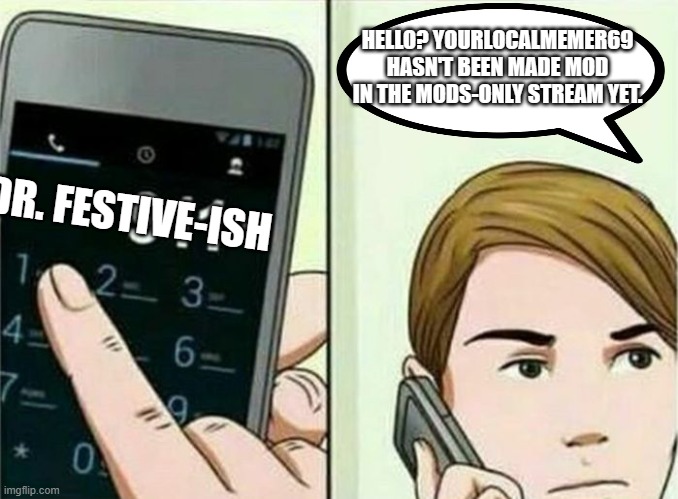 Seriously make him mod there | HELLO? YOURLOCALMEMER69 HASN'T BEEN MADE MOD IN THE MODS-ONLY STREAM YET. DR. FESTIVE-ISH | image tagged in calling 911 | made w/ Imgflip meme maker