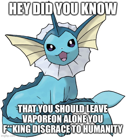 HEY DID YOU KNOW; THAT YOU SHOULD LEAVE VAPOREON ALONE YOU F**KING DISGRACE TO HUMANITY | made w/ Imgflip meme maker
