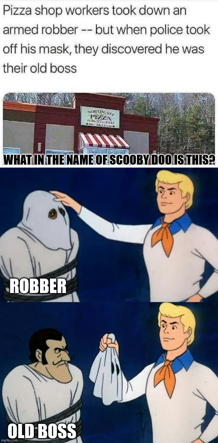 WHAT IN THE NAME OF SCOOBY DOO IS THIS? ROBBER; OLD BOSS | image tagged in scooby doo mask reveal | made w/ Imgflip meme maker