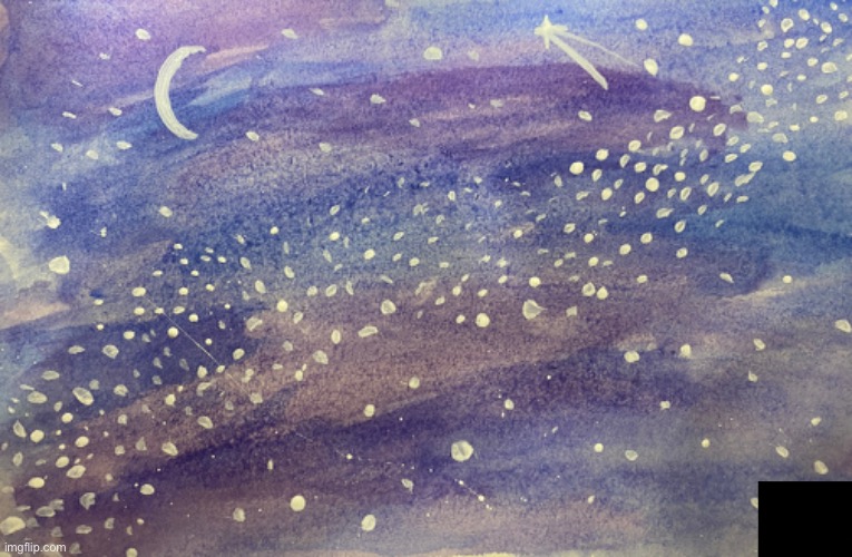 A watercolor painting that I made last night. Considering my lack of art skills, I think it looks pretty good. | image tagged in watercolor,stars,moon,night sky | made w/ Imgflip meme maker