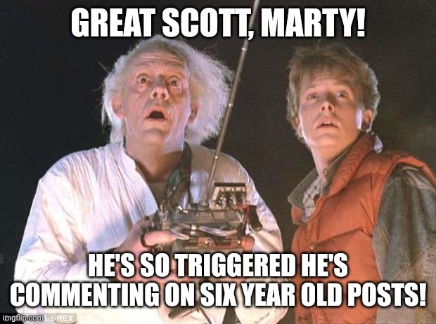 GREAT SCOTT, MARTY! HE'S SO TRIGGERED HE'S COMMENTING ON SIX YEAR OLD POSTS! | image tagged in great scott bttf | made w/ Imgflip meme maker