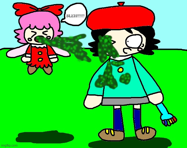 Ribbon vomits on Adeleine | image tagged in kirby,vomit,funny,gross,cute,parody | made w/ Imgflip meme maker
