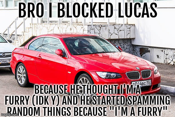 Bmw 3 series red | BRO I BLOCKED LUCAS; BECAUSE HE THOUGHT I'M A FURRY (IDK Y) AND HE STARTED SPAMMING RANDOM THINGS BECAUSE "I'M A FURRY" | image tagged in bmw 3 series red | made w/ Imgflip meme maker