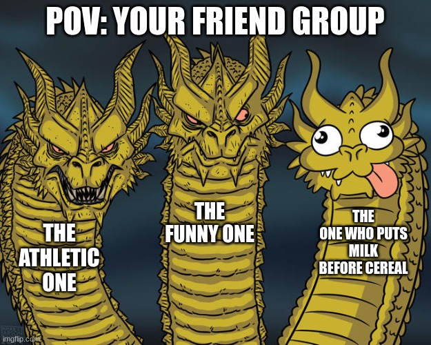 Three-headed Dragon | POV: YOUR FRIEND GROUP; THE FUNNY ONE; THE ONE WHO PUTS MILK BEFORE CEREAL; THE ATHLETIC ONE | image tagged in three-headed dragon | made w/ Imgflip meme maker