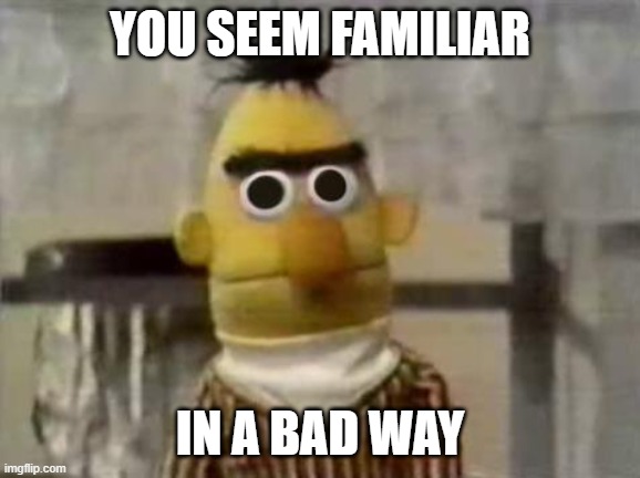 Bert Stare | YOU SEEM FAMILIAR IN A BAD WAY | image tagged in bert stare | made w/ Imgflip meme maker