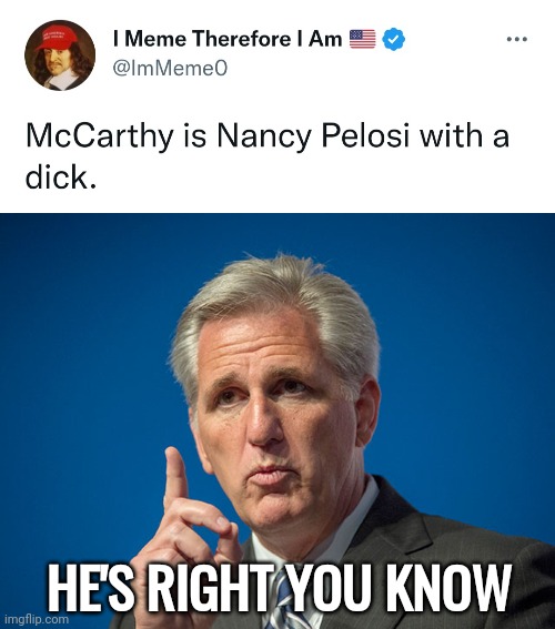 Pelosi with a dick. | HE'S RIGHT YOU KNOW | image tagged in kevin mccarthy | made w/ Imgflip meme maker